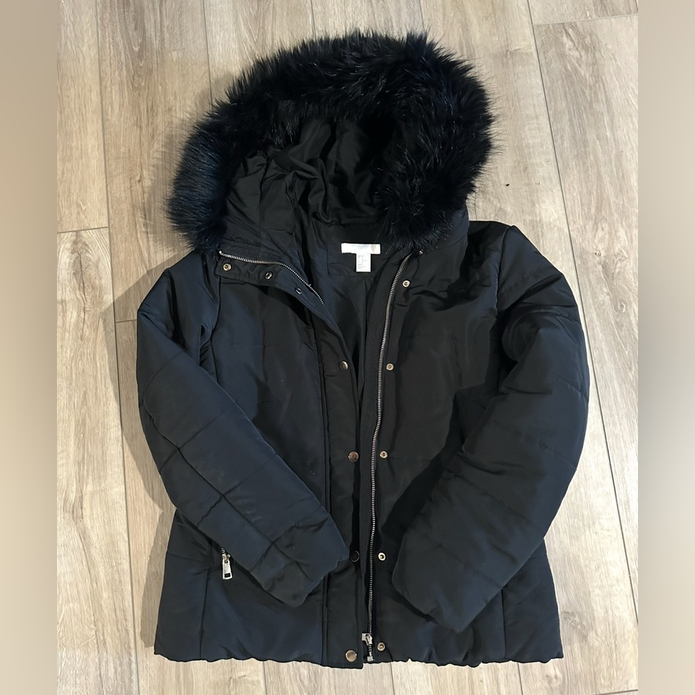 Women’s Black Puffer Jacket with Faux Fur Hood